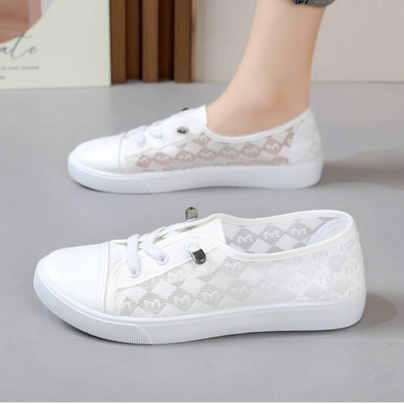 Women's Mesh Sneakers Comfortable Low-Top Lace-Up Shoes Black White