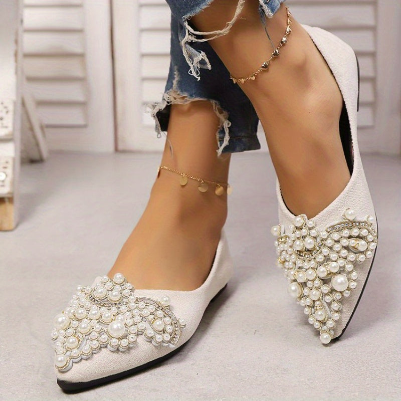 Zapatos planos de punta puntiaguda para mujer con adornos de perlas y strass en tela negra
