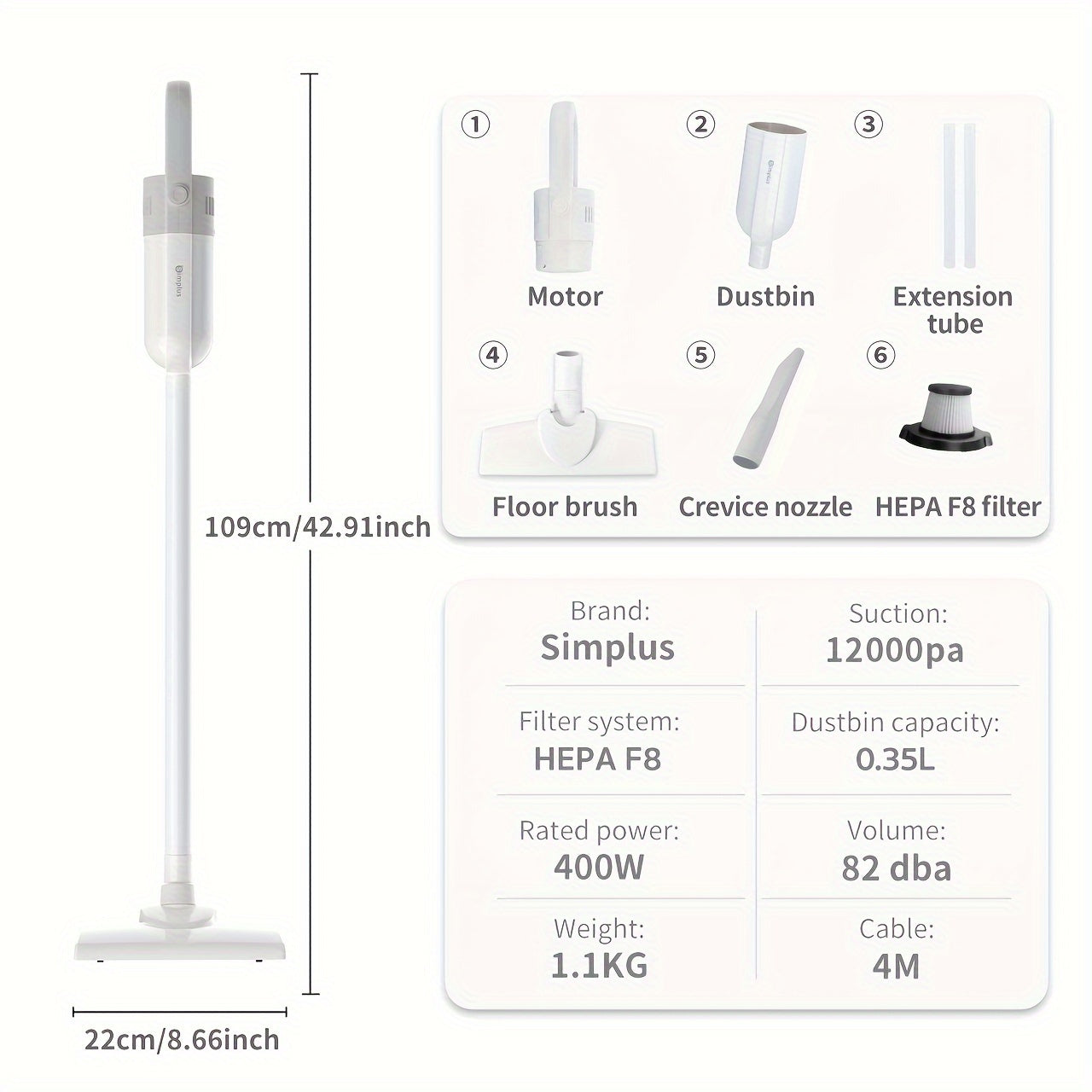 Aspiradora con cable de 400W con cable de 4m, cepillo para polvo y accesorios