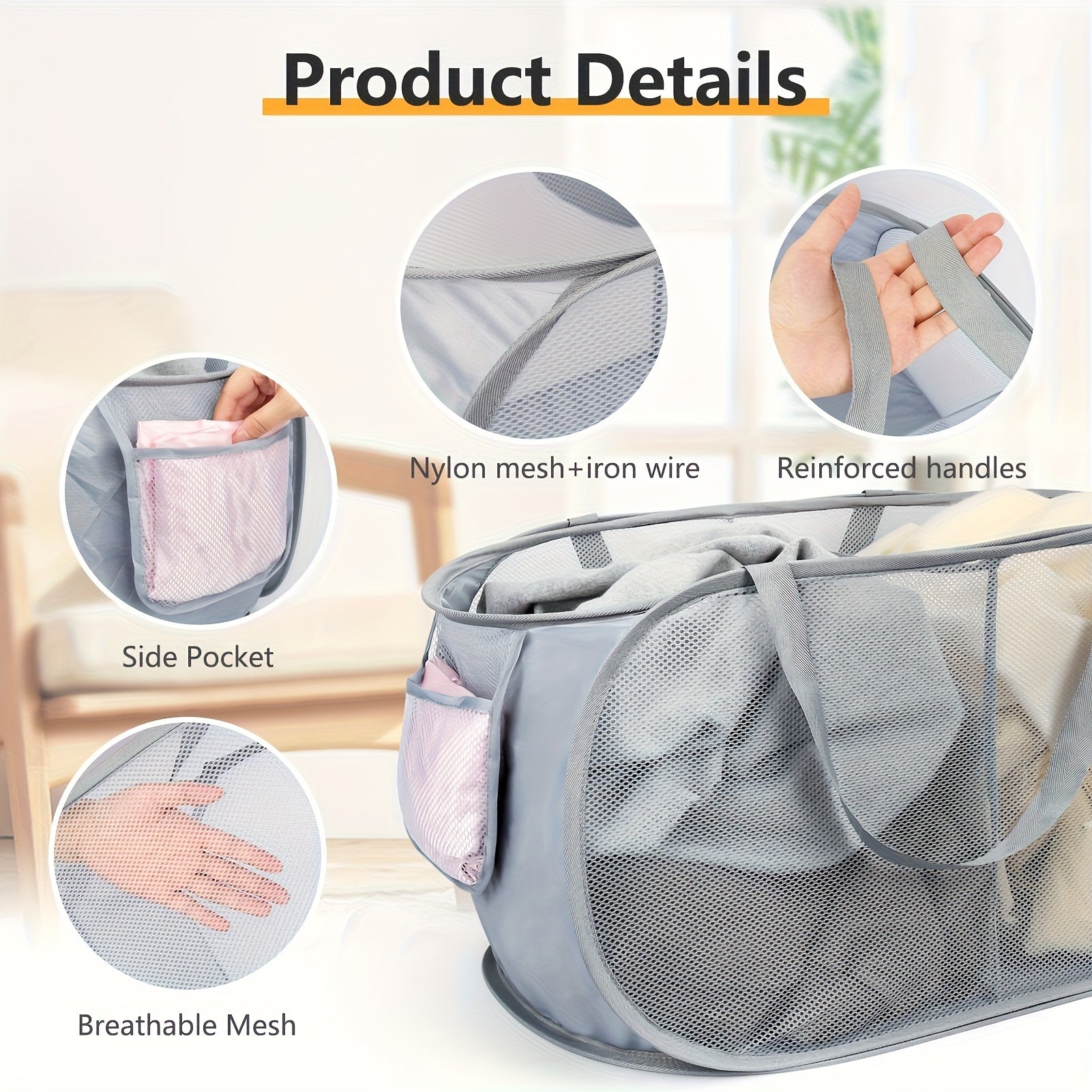 Lightweight Foldable Laundry Hamper with Mesh Design and Side Pocket