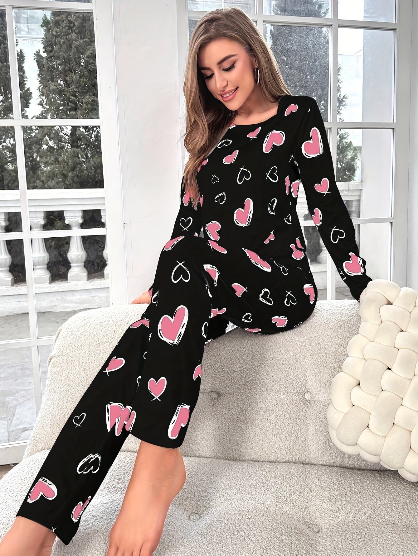 Women’s Heart Print Pajama Set Cozy Knit Fabric All-Season Loungewear
