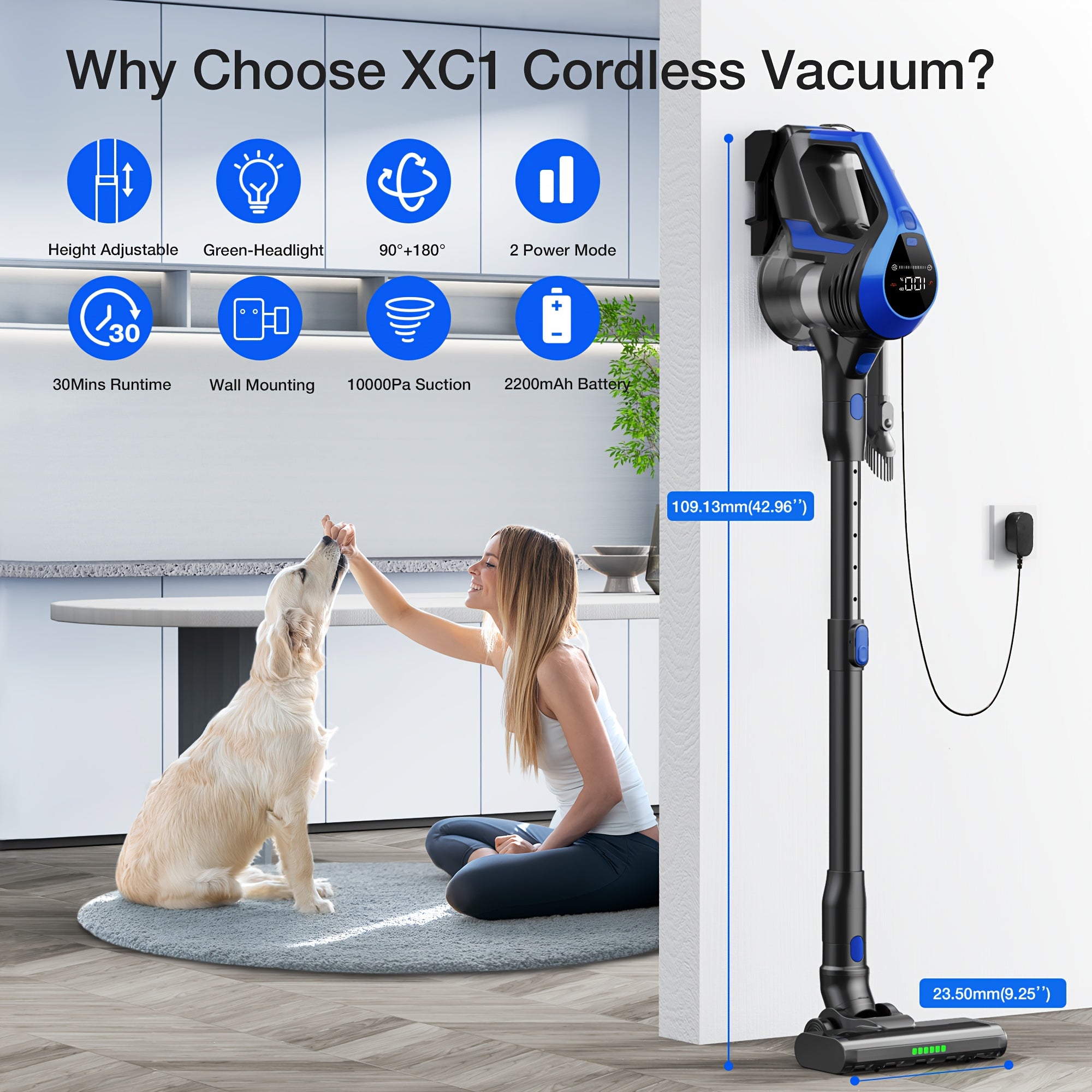 Raqamsiz tayoq changyutgich, raqamli displey bilan, 130W tortish kuchi, qattiq pol va hayvon tuklari uchun