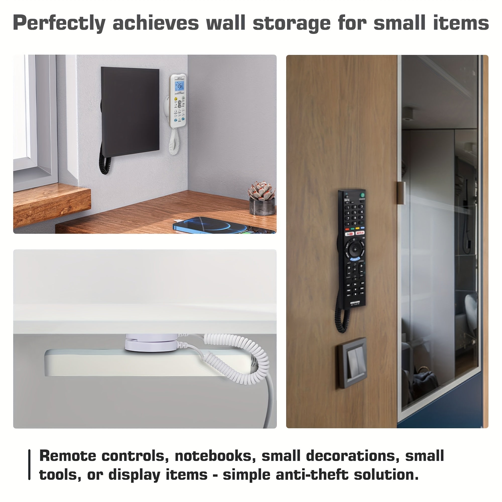 Masofadan boshqarish uchun burilgan ipli xavfsizlik qulfi, TV qutisi pultlari uchun devorga o'rnatiladigan tutqich.