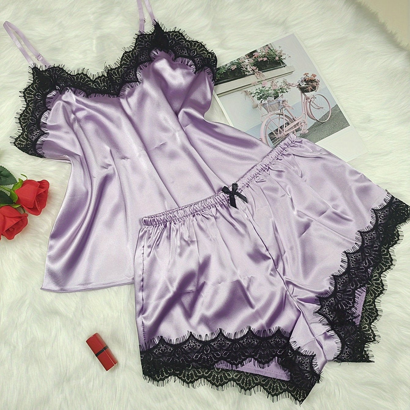 Women's Sexy Pajama Set with V-Neck Off-Shoulder Lace Trim Polyester Blend