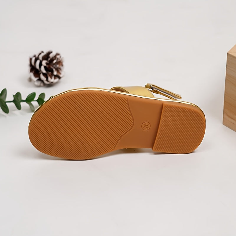Girls' Gold Sandals Leather Summer Casual Shoes with Rubber Sole