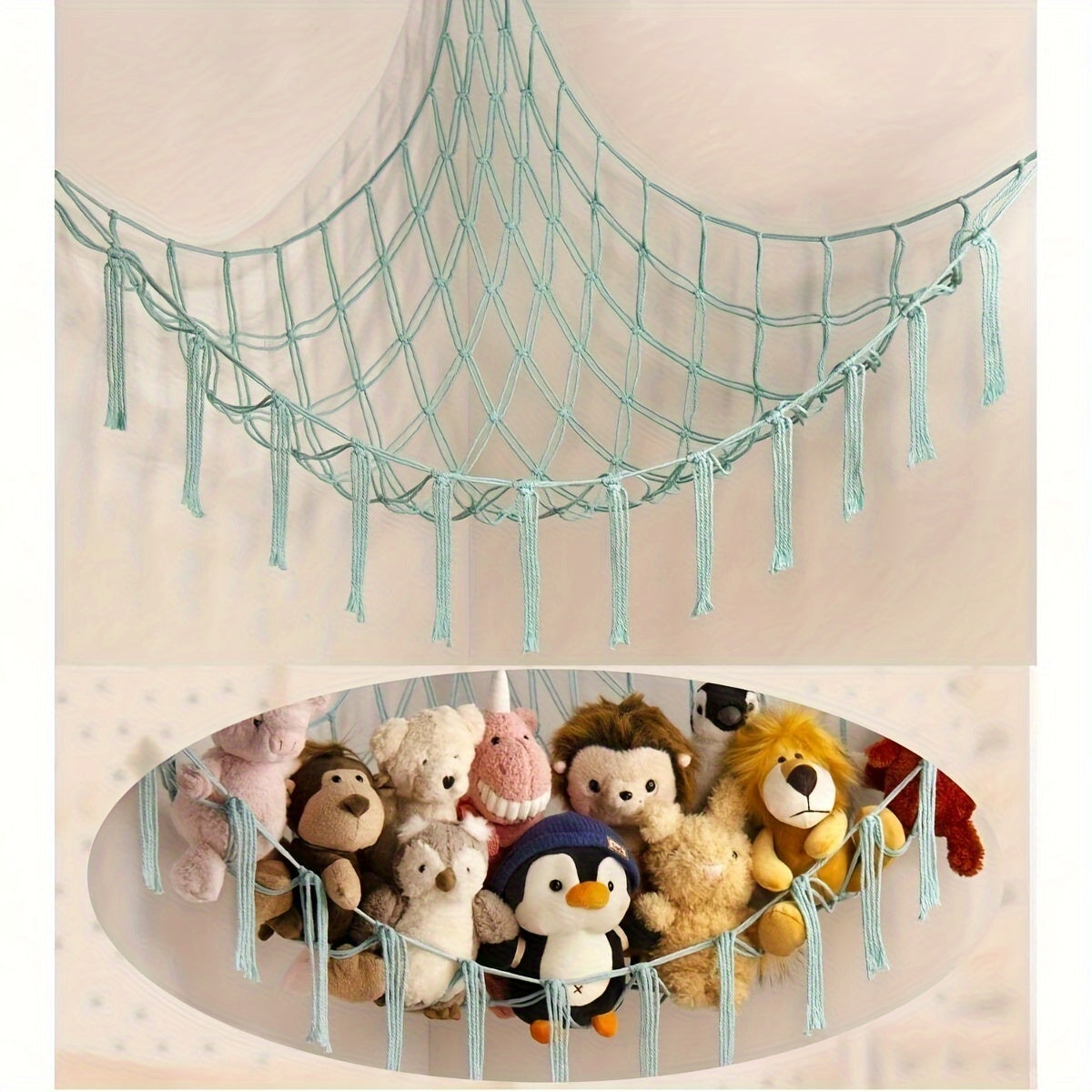 Yoshlar xonasi yoki yashash xonasi dekoratsiyasi uchun ko'p funksiyali osma saqlash to'ri, yoqimli dizayn bilan. Qora, oq, pushti va och ko'k ranglarda mavjud. O'lchamlari 100x100x140 sm. Yengil mato, bezakli yulduz dizayni bilan.