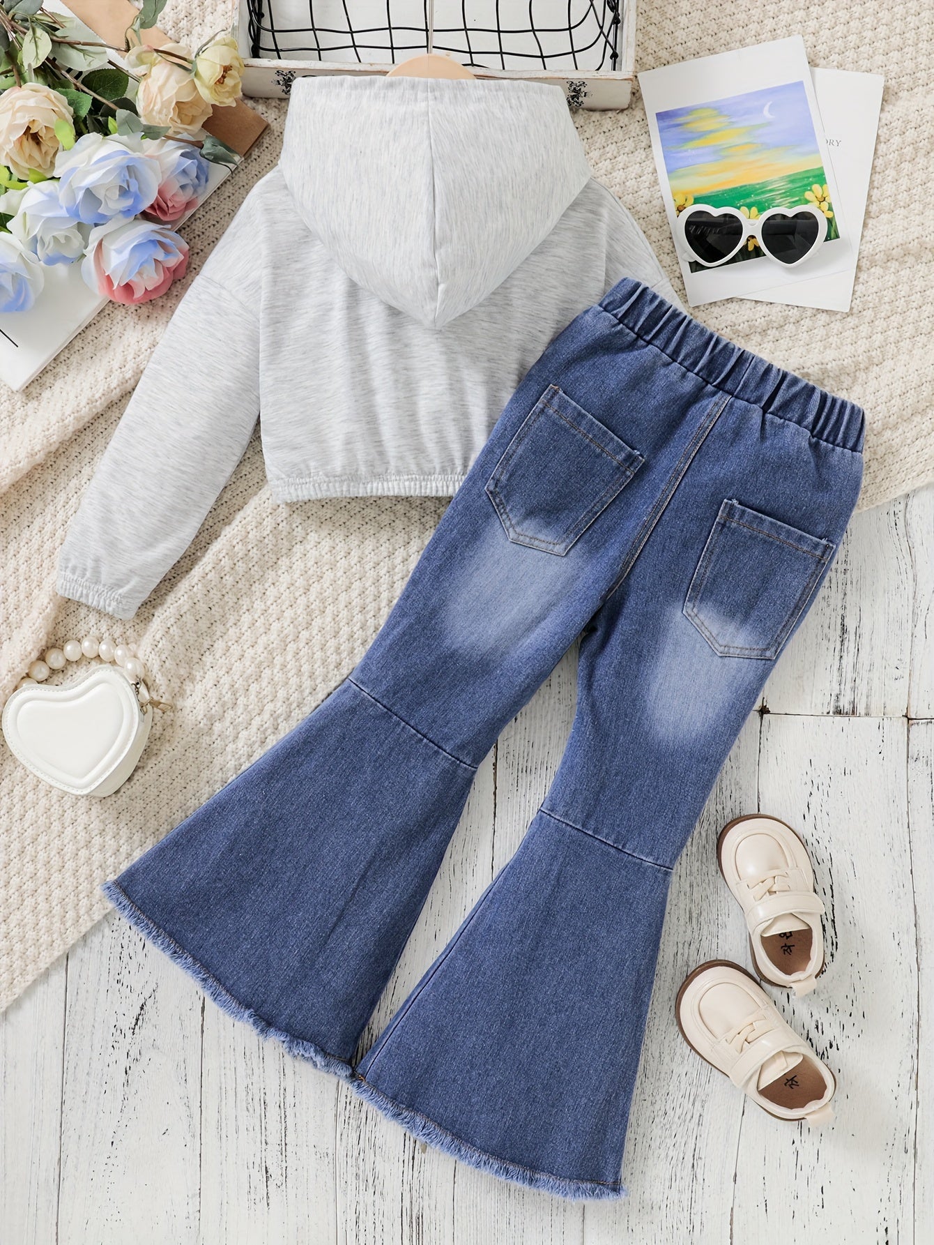 Girls' 2-Piece Denim Flare Jeans and Hoodie Set for Girls 12 and Under