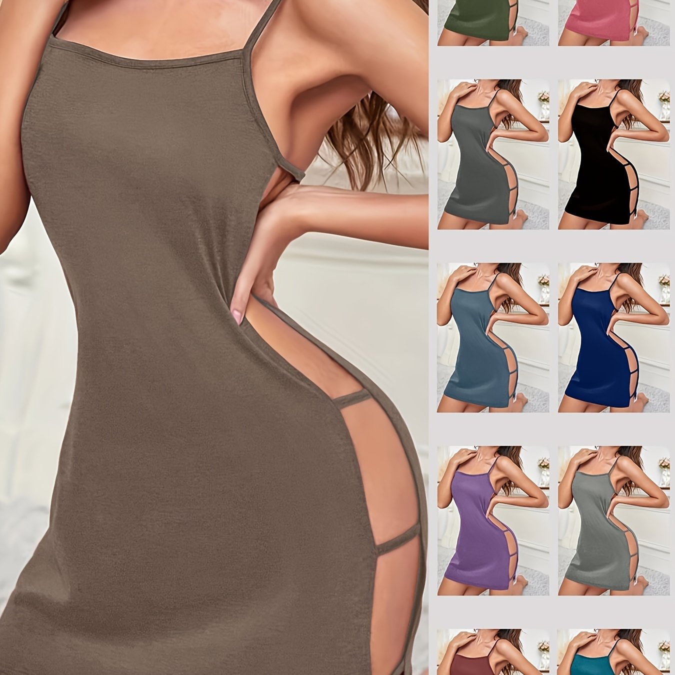 Women's Nightgown with Backless Round Neck Side Cutouts Satin Sleepwear Sexy Slip All-Season