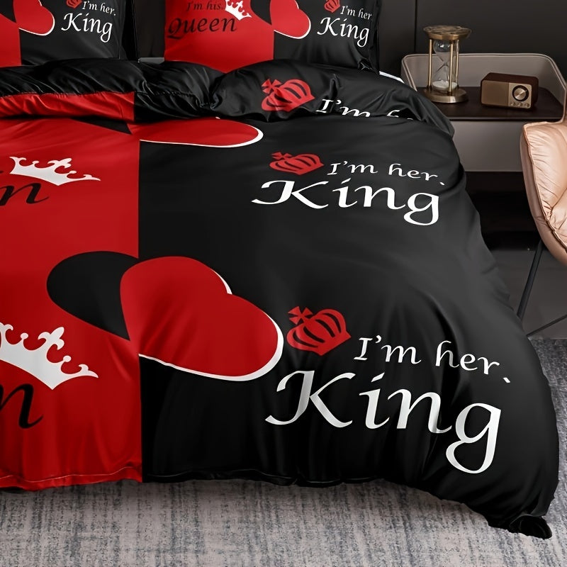 Queen and King Crown Print Bedding Set Duvet Cover Pillowcases Soft Breathable