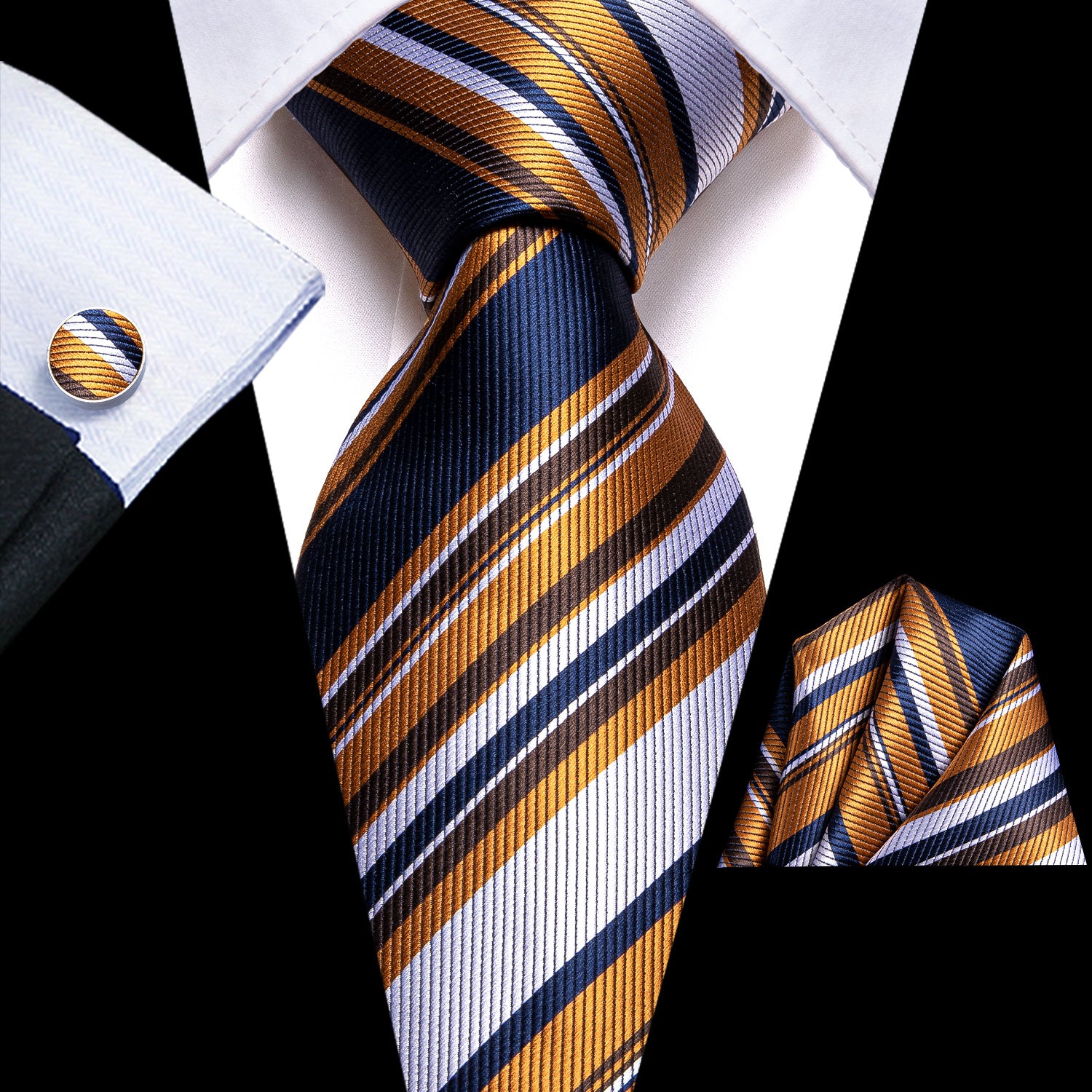 Striped Necktie Set with Cufflinks for Business, Parties, Weddings