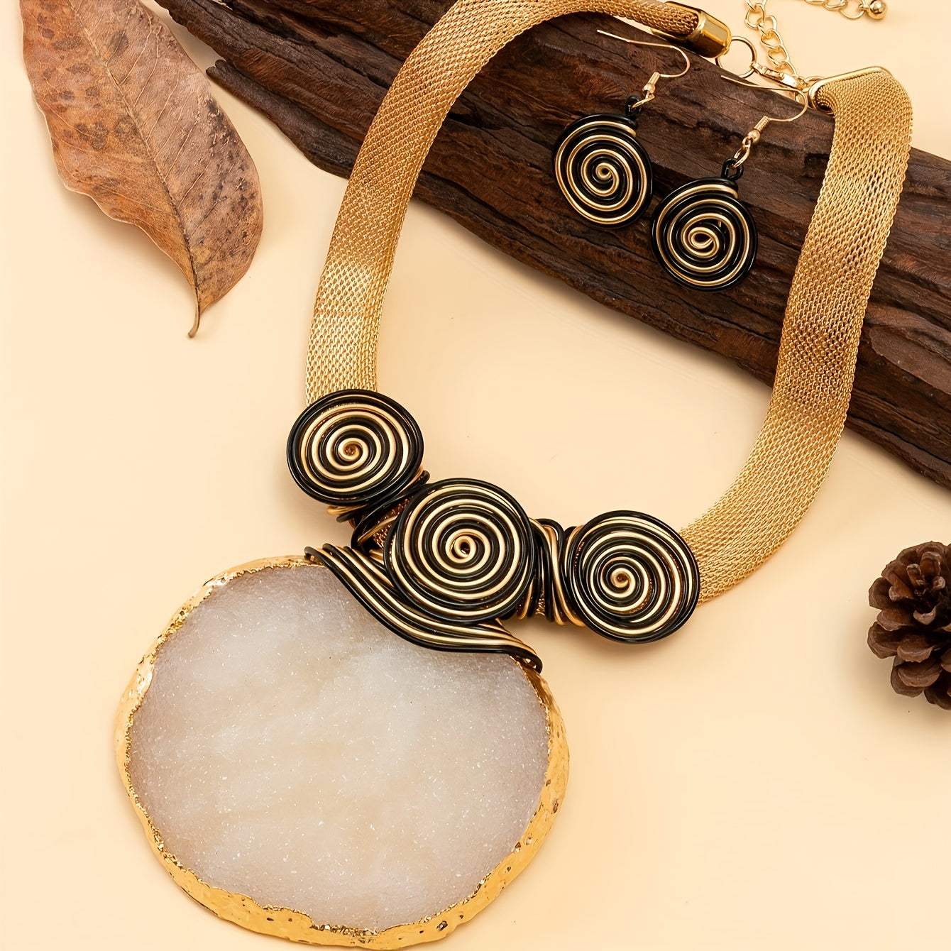 Artisan Jewelry Set Natural Stone Pendant Necklace and Earrings Faux June Birthstone Boho Autumn Gift