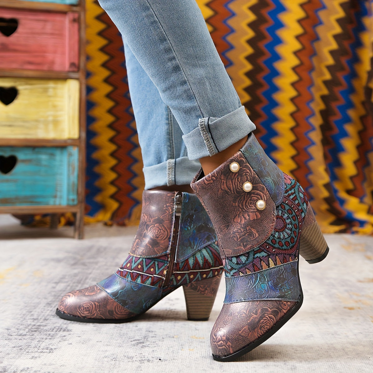 Women Bohemian Ankle Boots Fabric Insole Block Heel with Floral Patterns