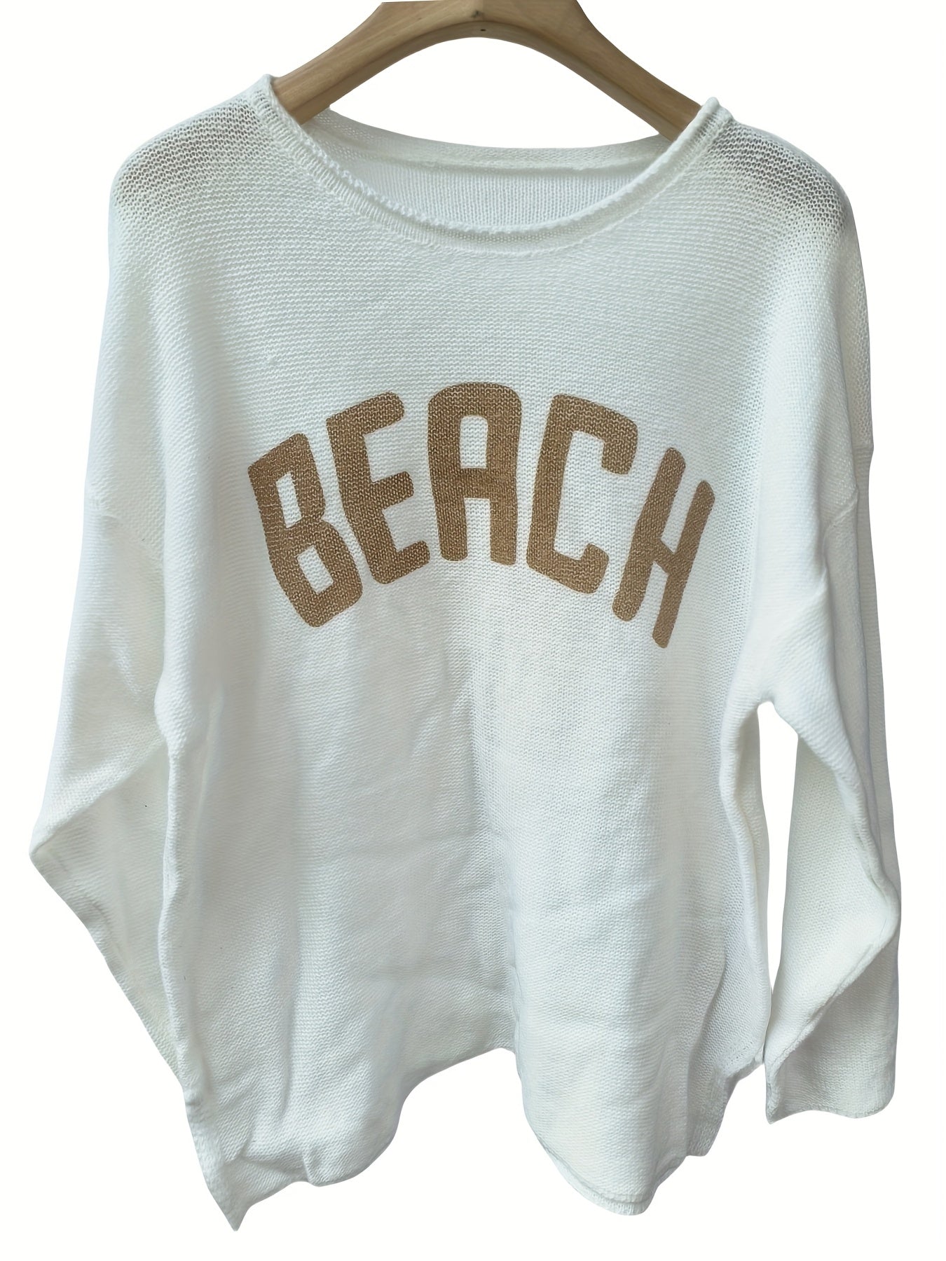 Plus Size Women's Beach Graphic Long Sleeve Sweater Casual White Brown Lettering
