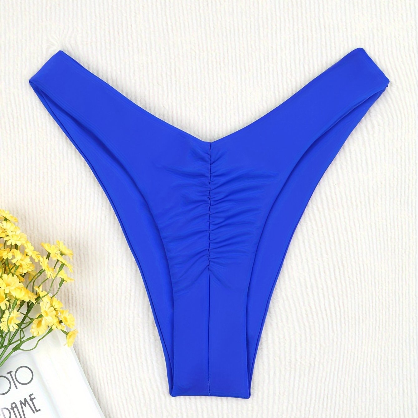 Women's Solid Color High Stretch Nylon Pleated Thong Bikini for Beach Vacation
