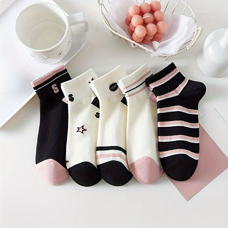 5 Pairs of Japanese Short Socks for Spring and Summer College Fashion with Letter and Striped Patterns
