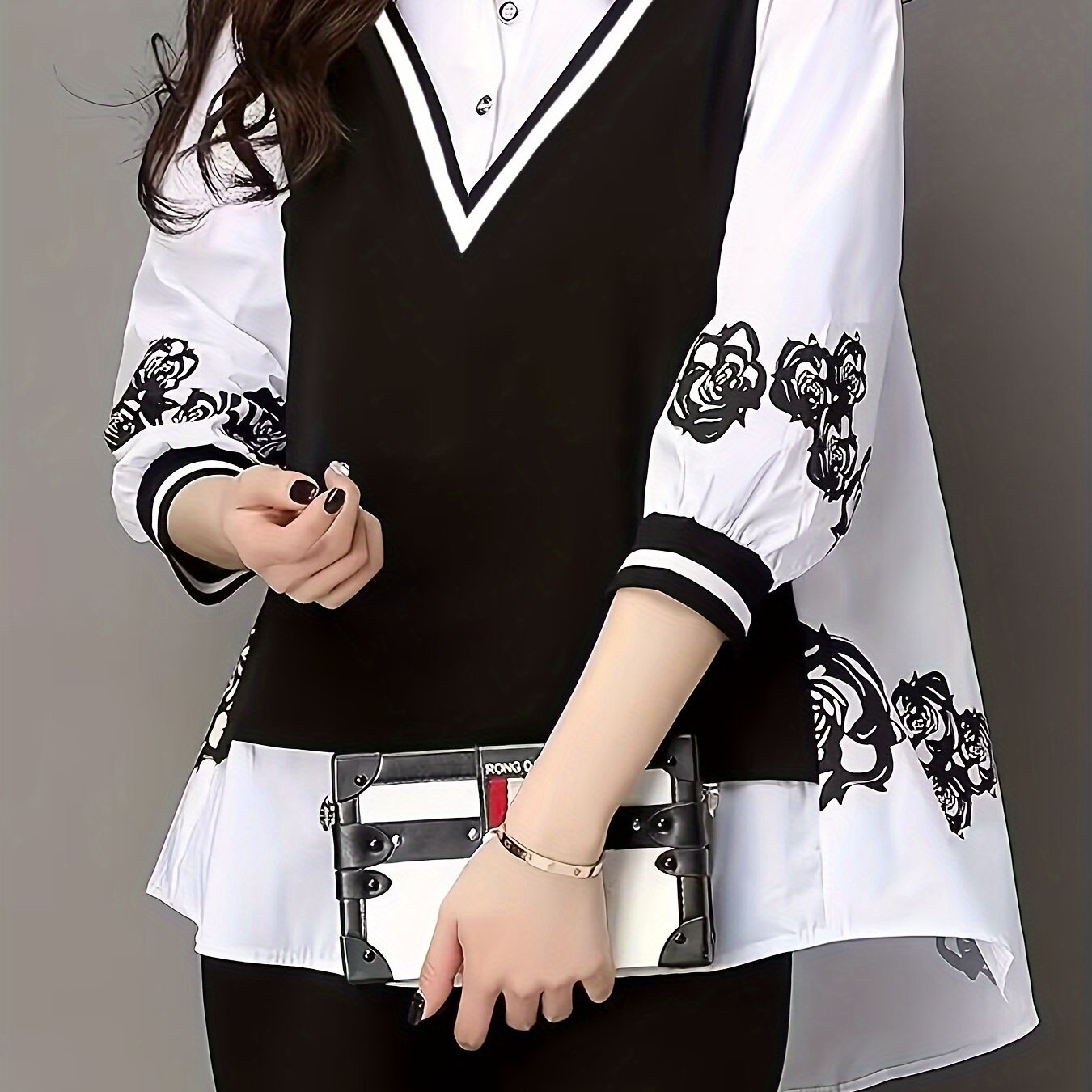 Women's White and Black Chiffon Shirt with Floral Print and Polo Collar