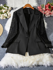 Women's Blazer with Lace Trim Polyester Elastane Fall Winter Machine Washable