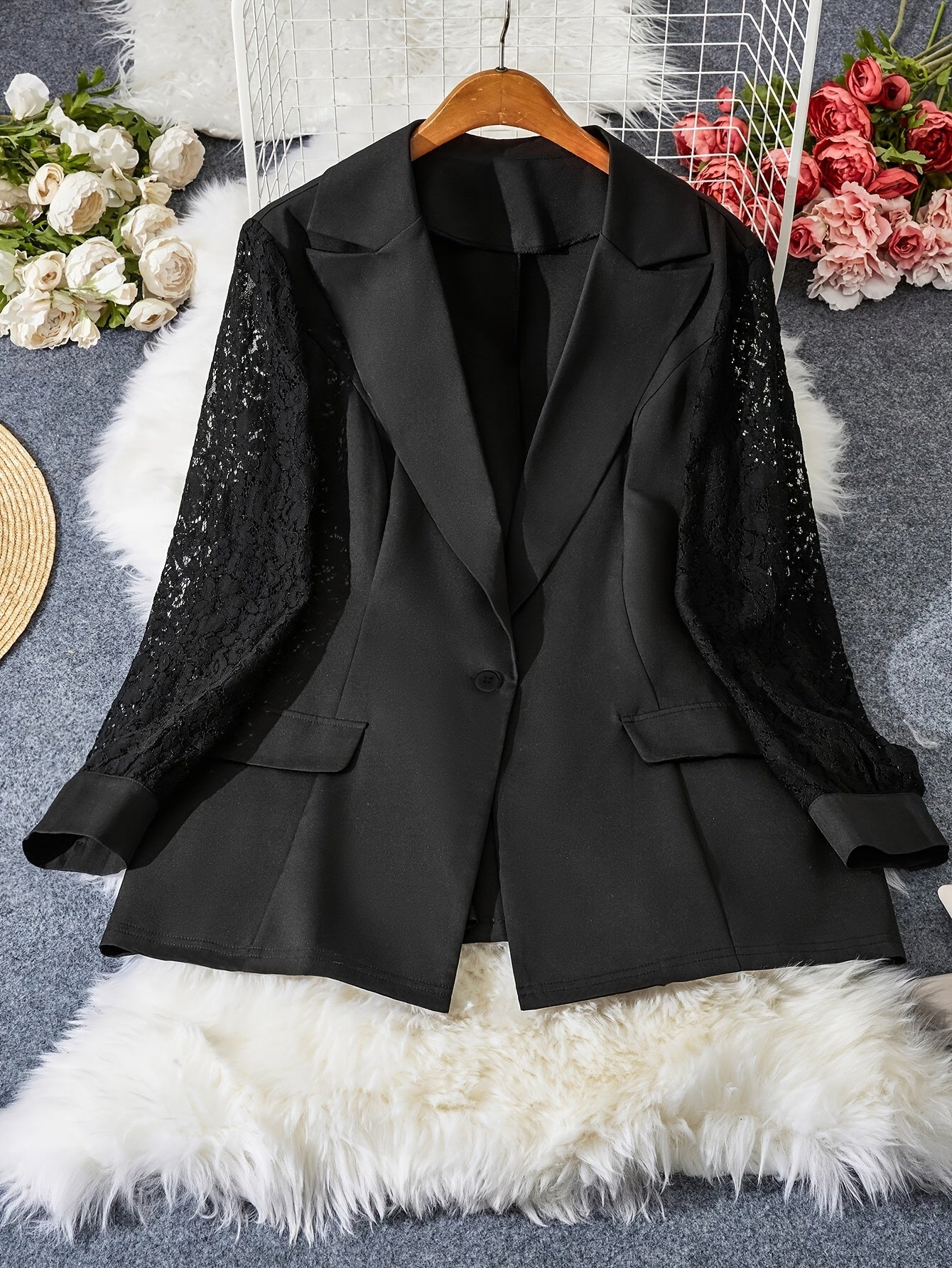 Women's Blazer with Lace Trim Polyester Elastane Fall Winter Machine Washable