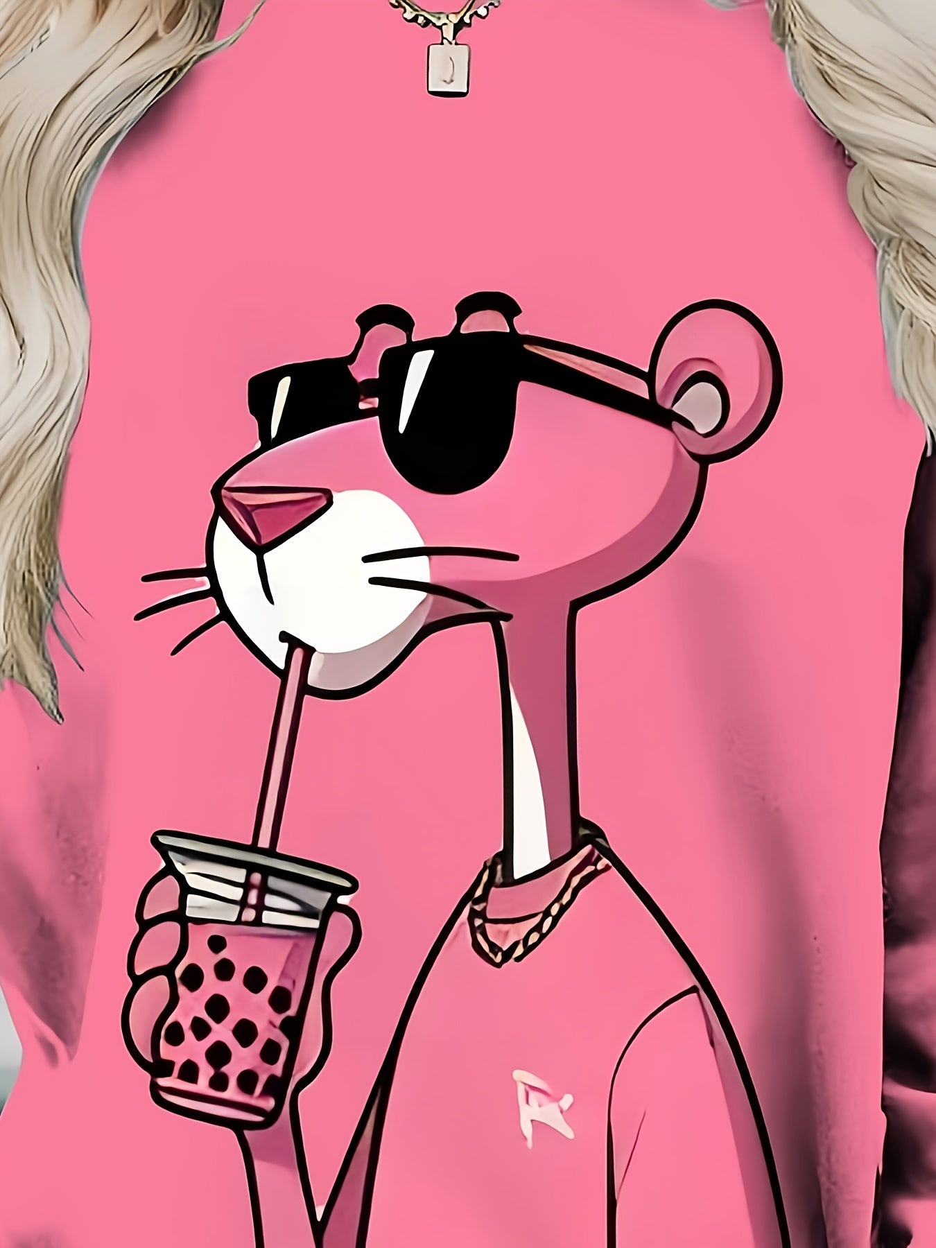 Women's Pink Cartoon Animal Print Oversized Sweatshirt Polyester Pullover with Long Sleeves