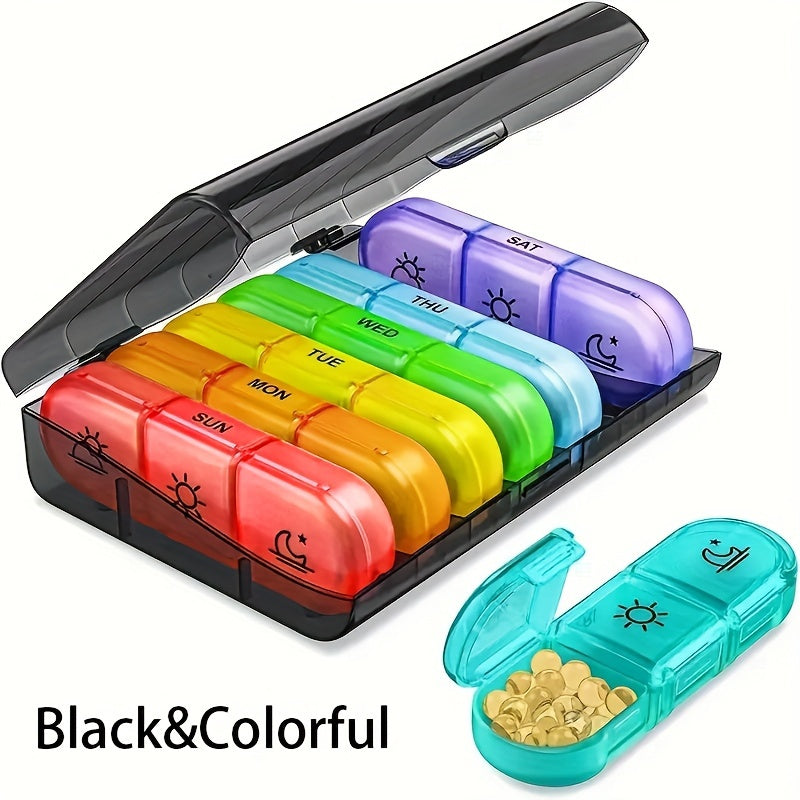 Black Pill Box with 21 Compartments Weekly Portable Plastic Organizer