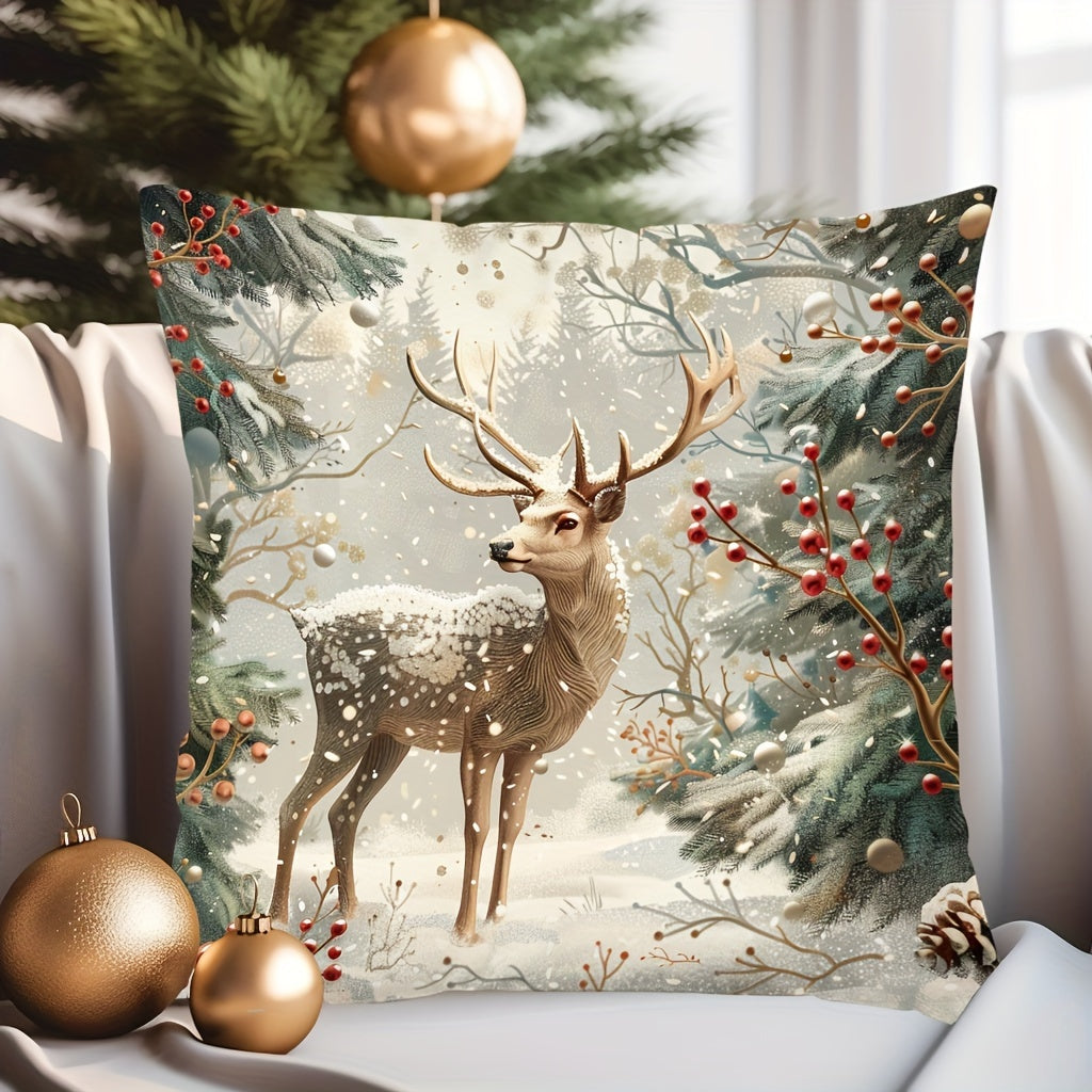 Christmas Throw Pillow Cover Winter Deer Snow Scene Digital Print Polyester 45cm Decorative Cushion Cover