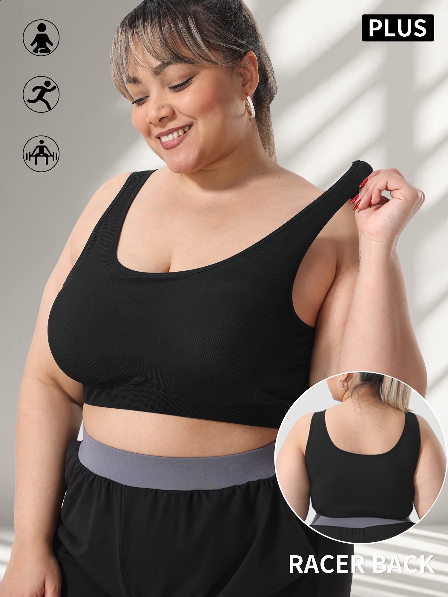 Women's Plus Size Black Knit Tank Top with Built-In Bra Breathable Summer Fitness