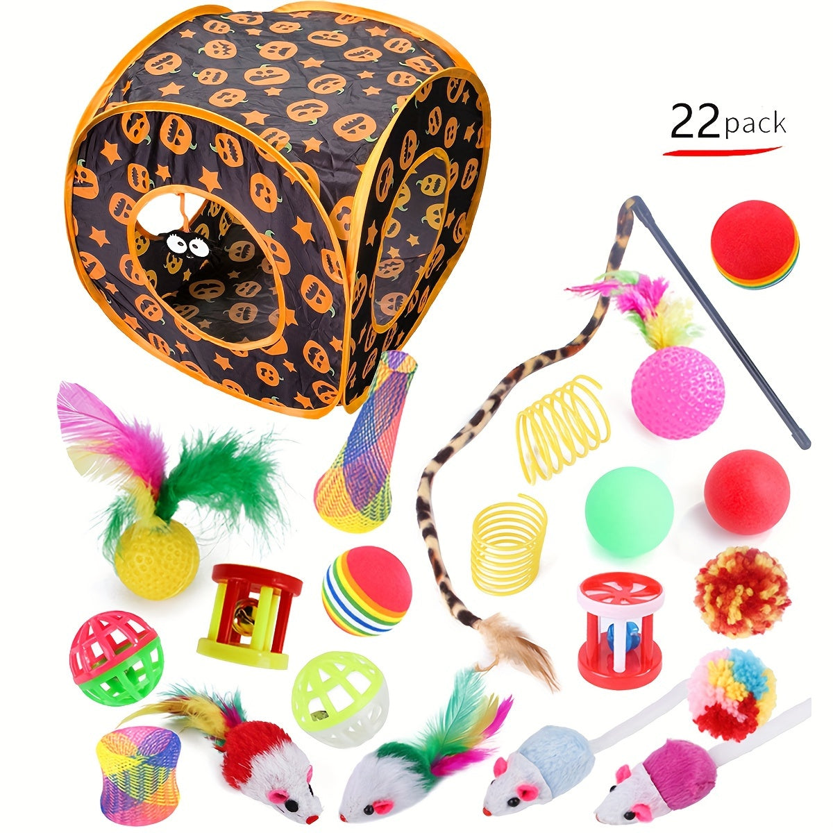 22-Piece Cat Toy Set with Tunnel Crinkle Balls Feathers Playballs for Indoor Cats