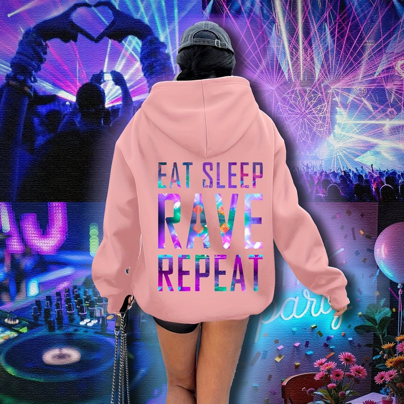 Sudadera con capucha gráfica de talla grande para mujer, festival de música rave, luces, casual, de sobreponer