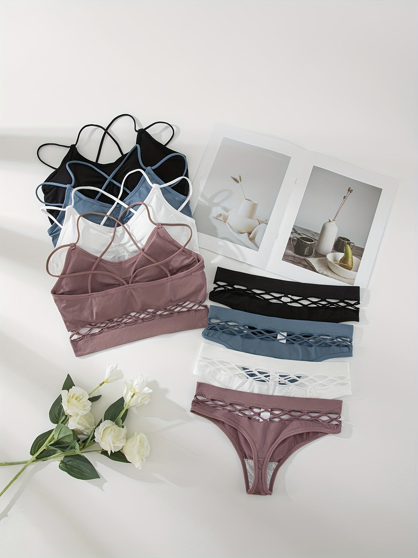 Women's Underwear Set 8-Piece Removable Cups High Support Bralette Low-Rise Triangle in Multiple Colors