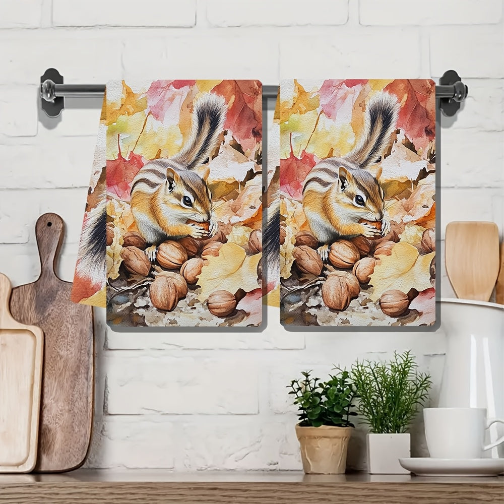 Set of 2 Ultra Soft Kitchen Towels with Chipmunk and Autumn Nuts Design, 40x60 cm