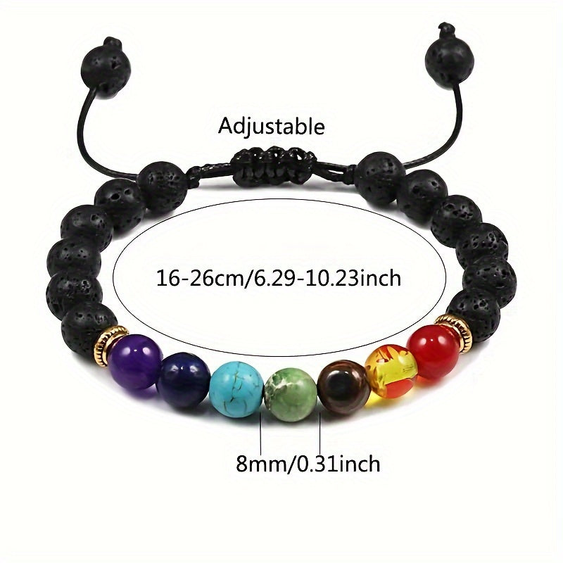 Adjustable Lava Rock Bead Bracelet with 7 Chakras Healing Properties for Meditation and Balance