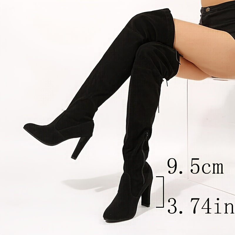 Women's Over-the-Knee Faux Leather Chunky Heel Boots Black Winter