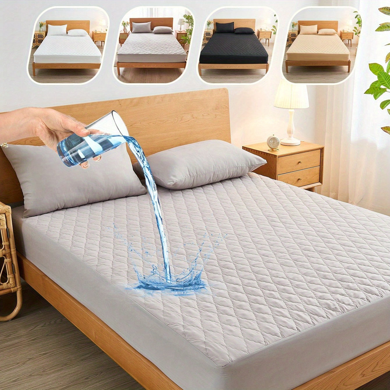 Waterproof Fitted Sheet Gray 30cm Deep Pockets Soft Polyester for Bedroom