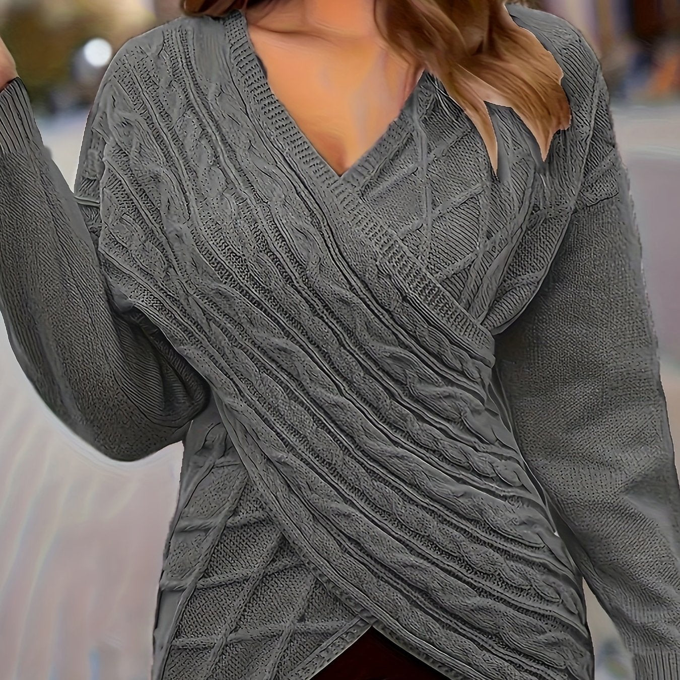 Plus Size Women's Sweater Solid Cable Long Sleeve V Neck Jumper