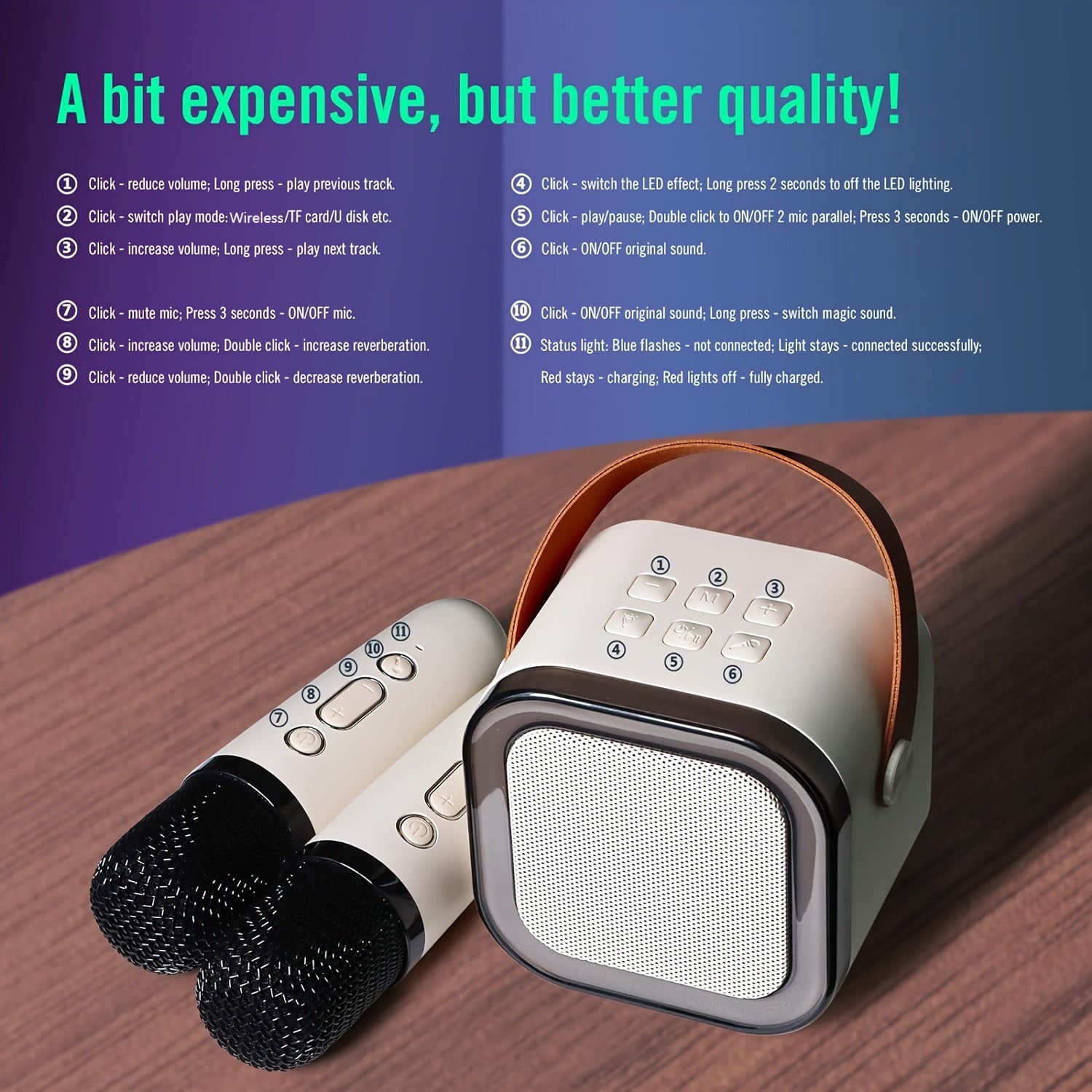 Wireless Karaoke Speaker with Microphones and Dynamic Lights for Home and Outdoor Use