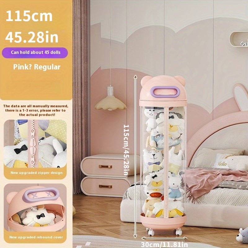 Large Capacity Doll Storage Bin with Transparent Sides Zipper and Four Wheels