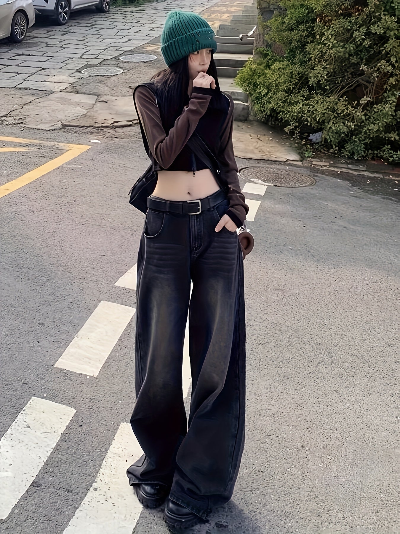 Ayollar uchun katta o'lchamli vintage yuqori bel keng bo'yinli keng yengli jinsilar, kundalik, buzilgan denim