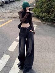 Ayollar uchun katta o'lchamli vintage yuqori bel keng bo'yinli keng yengli jinsilar, kundalik, buzilgan denim