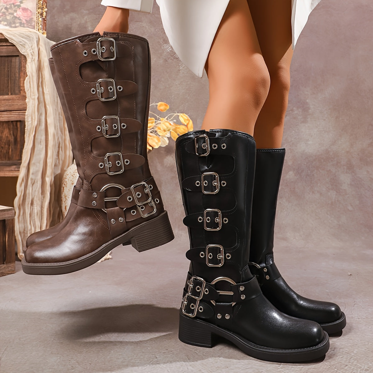 Women’s Faux Leather Mid-Calf Boots with Metallic Accents, French Heel