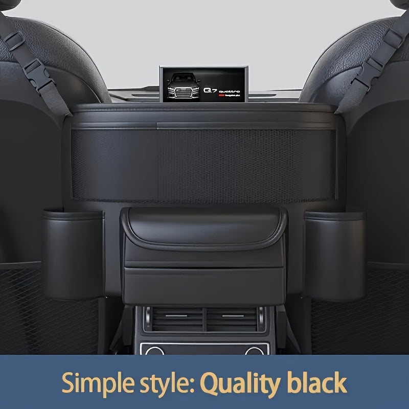 PU Leather Car Seat Back Organizer with Multi-Pocket Storage Waterproof Durable Black Quilted