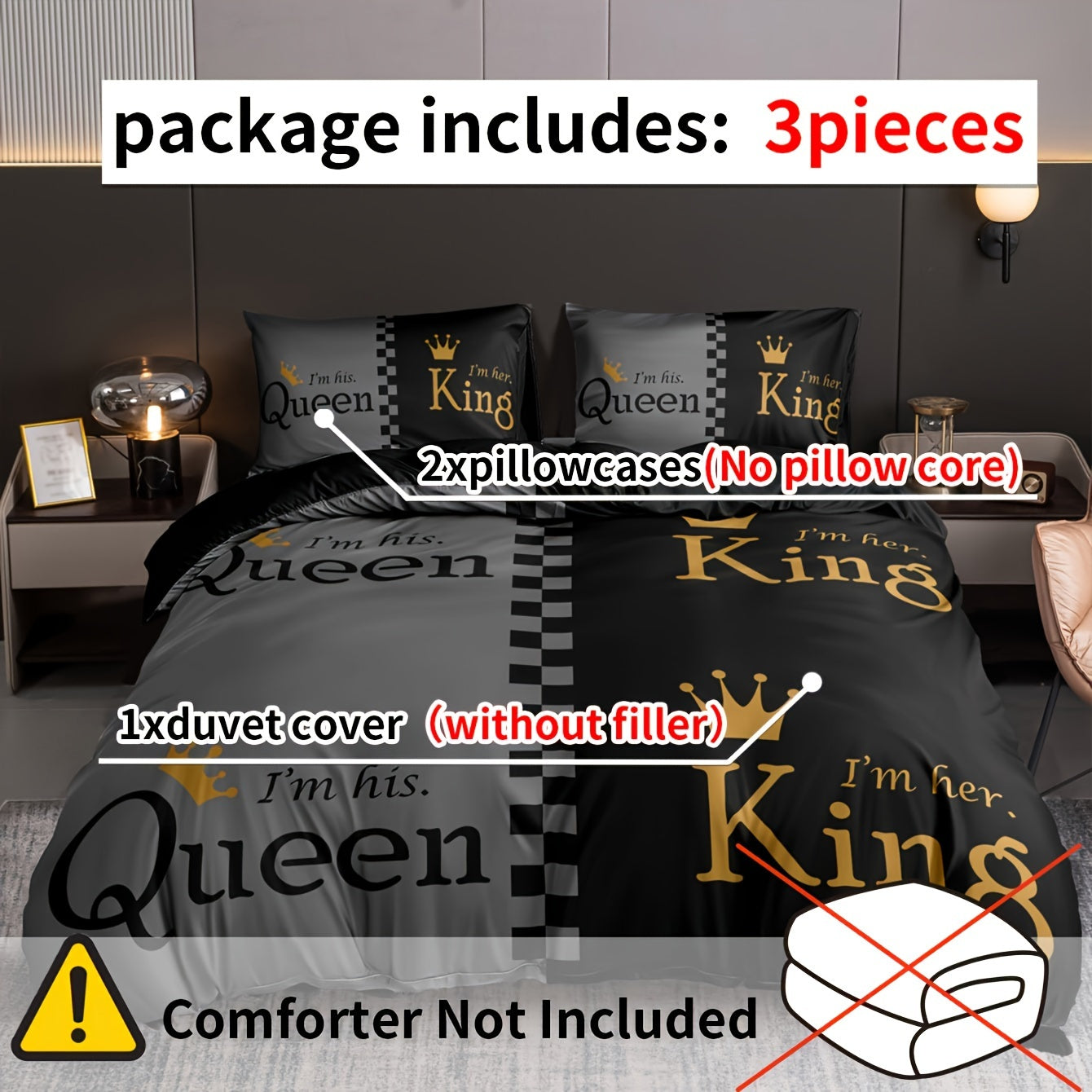 Queen and King Crown Print Bedding Set Duvet Cover Pillowcases Soft Breathable