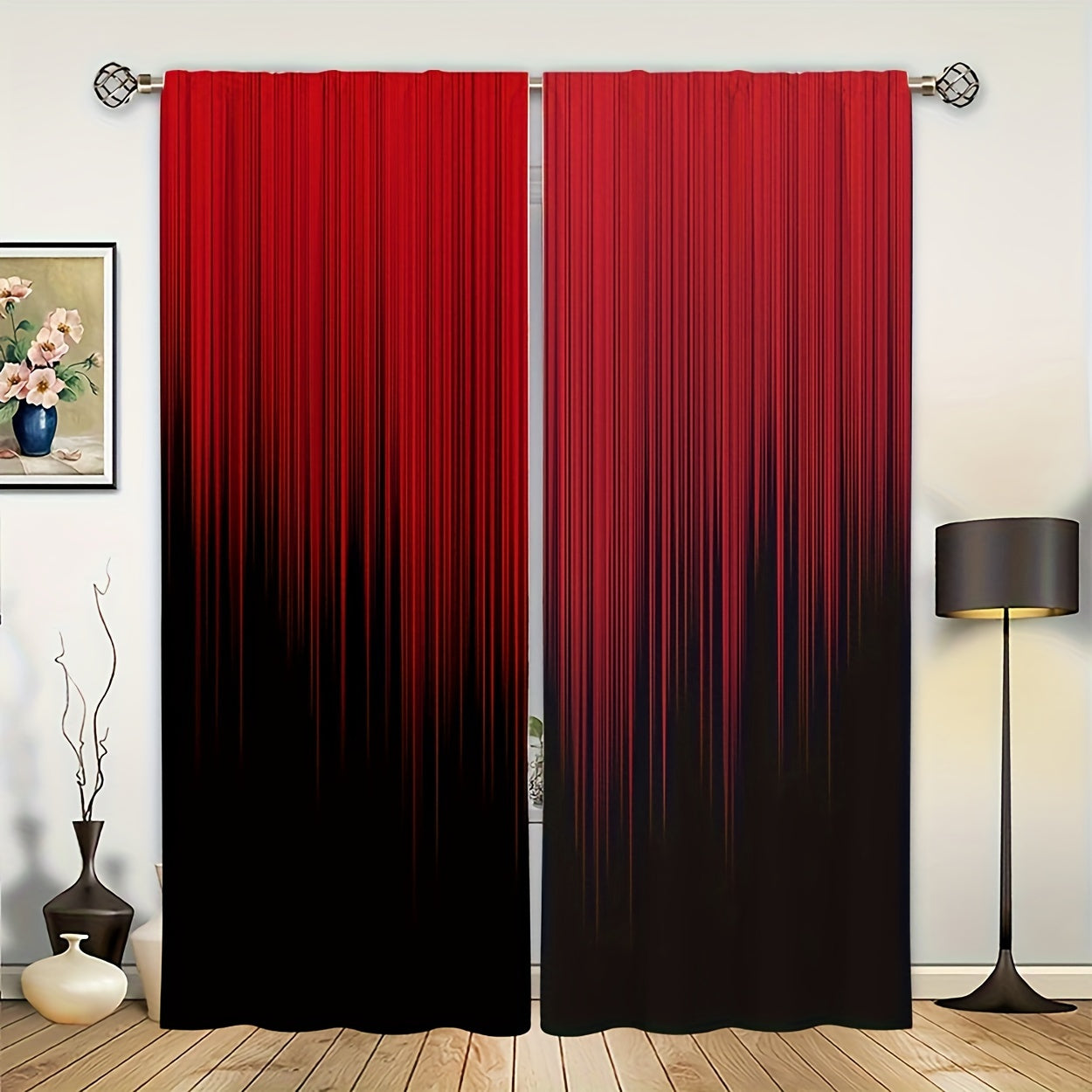 Set of 2 Red Black Gradient Stripe Polyester Curtains for Bedroom Living Room Office Kitchen Window Treatment