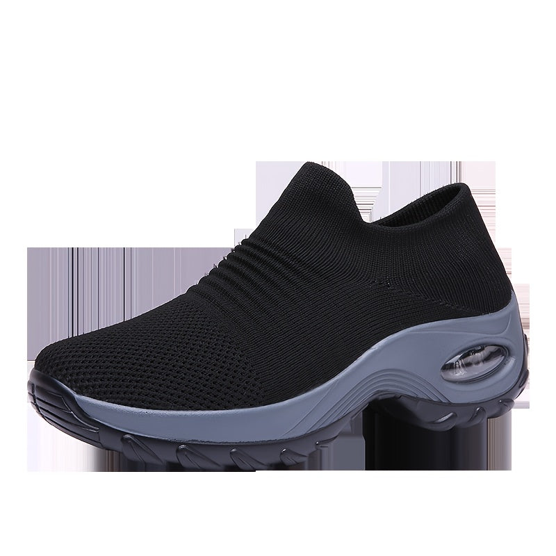 Women Knit Slip-On Walking Shoes Breathable Air Cushion Black Casual Sneakers