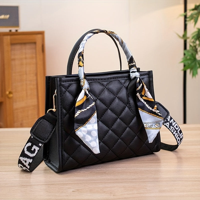 Black Synthetic Crossbody Bag with Quilted Diamond Pattern and Removable Strap