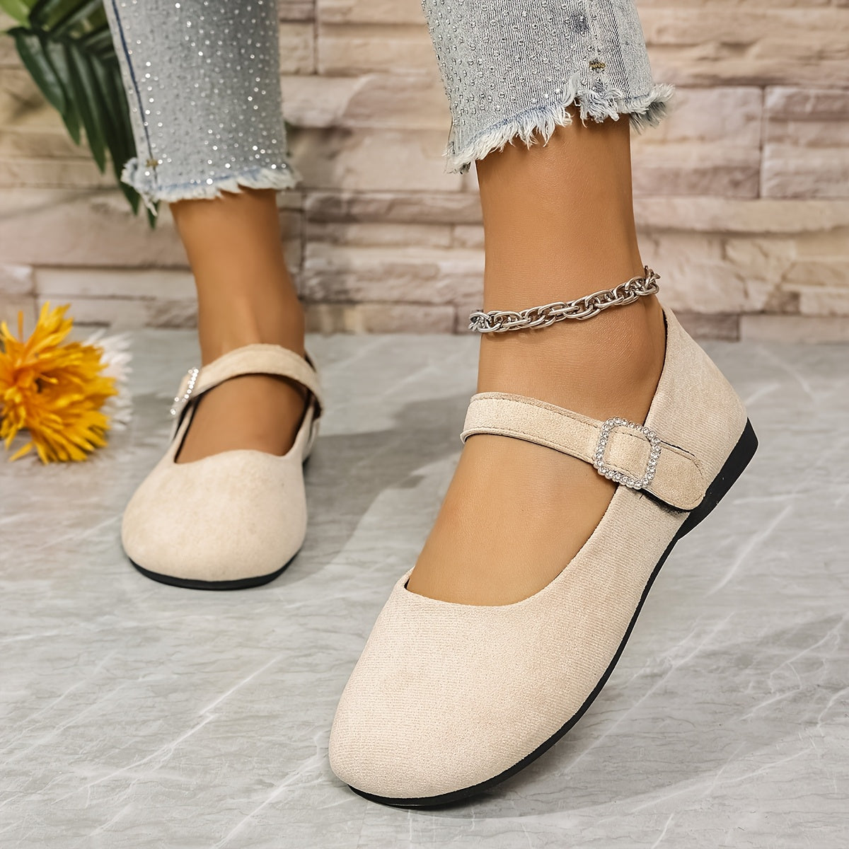 Ayollar Mary Jane tuflari, rhinestone tokchali, yashil, yengil fleece, qulay