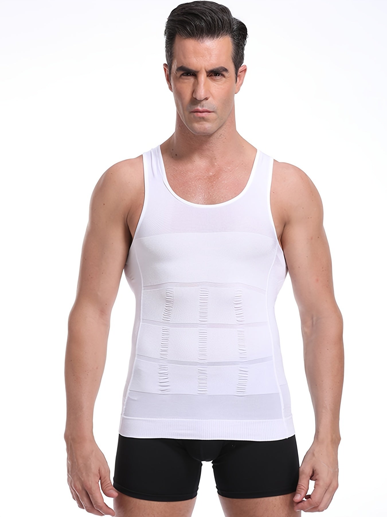 Camiseta sin mangas ajustada para hombre, moldeadora del cuerpo, de nylon y spandex, ajuste delgado, sin mangas, de color sólido