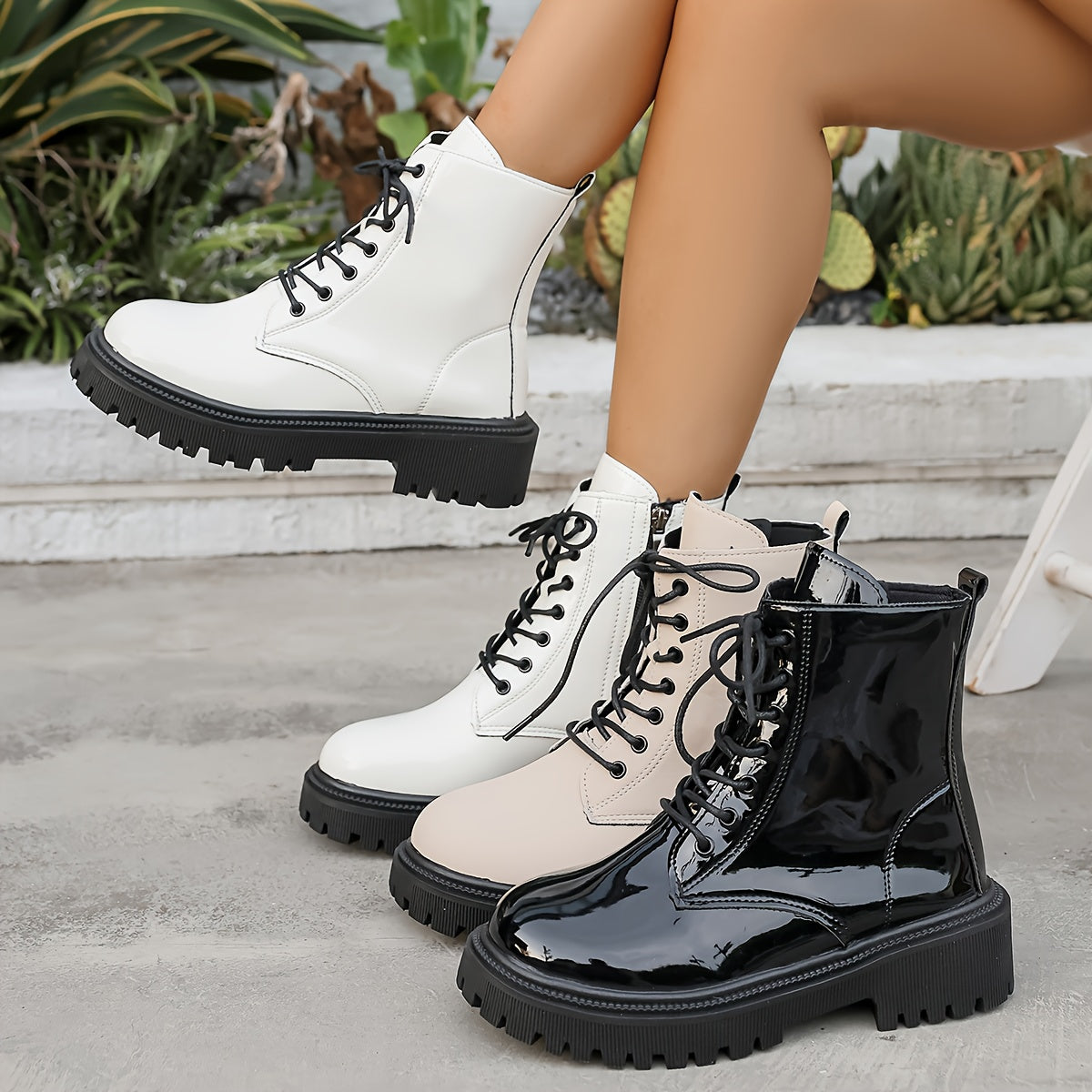 Women's Black Faux Leather Ankle Boots With Lace-Up Mid-Heel Non-Slip Sole