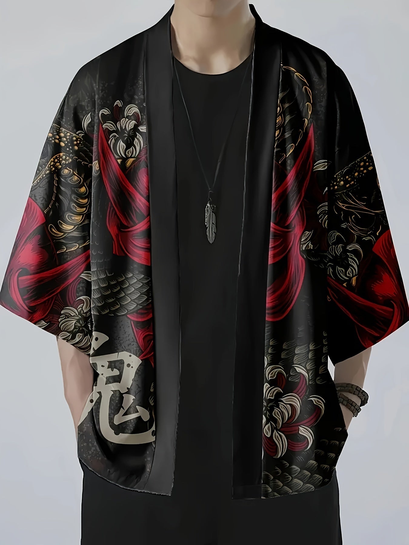 Men's Japanese Kimono Shirt Summer Streetwear Ghost Snake Pattern Three-Quarter Sleeves Open Placket