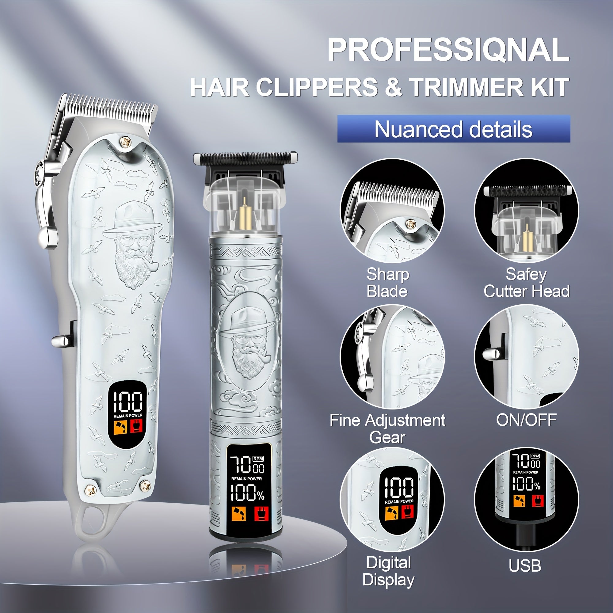 3pcs Professional Hair Clipper Set USB Rechargeable Electric Razor Beard Trimmer Digital Display includes Scissors Comb Cleaning Brush Wireless Men