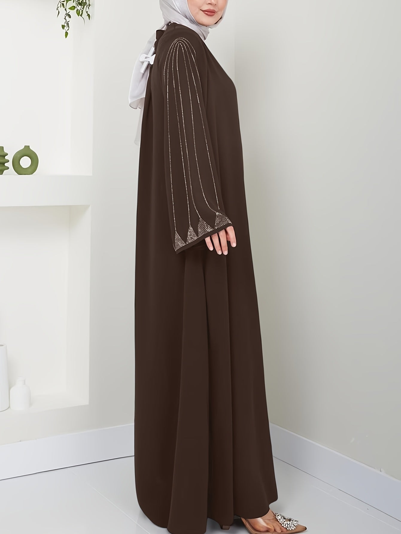 Brown Rhinestone Embellished Abaya for Muslim Women Long Sleeve Polyester Dress